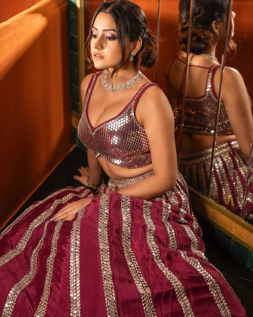 Wine Sequence Crop Top With Handwork