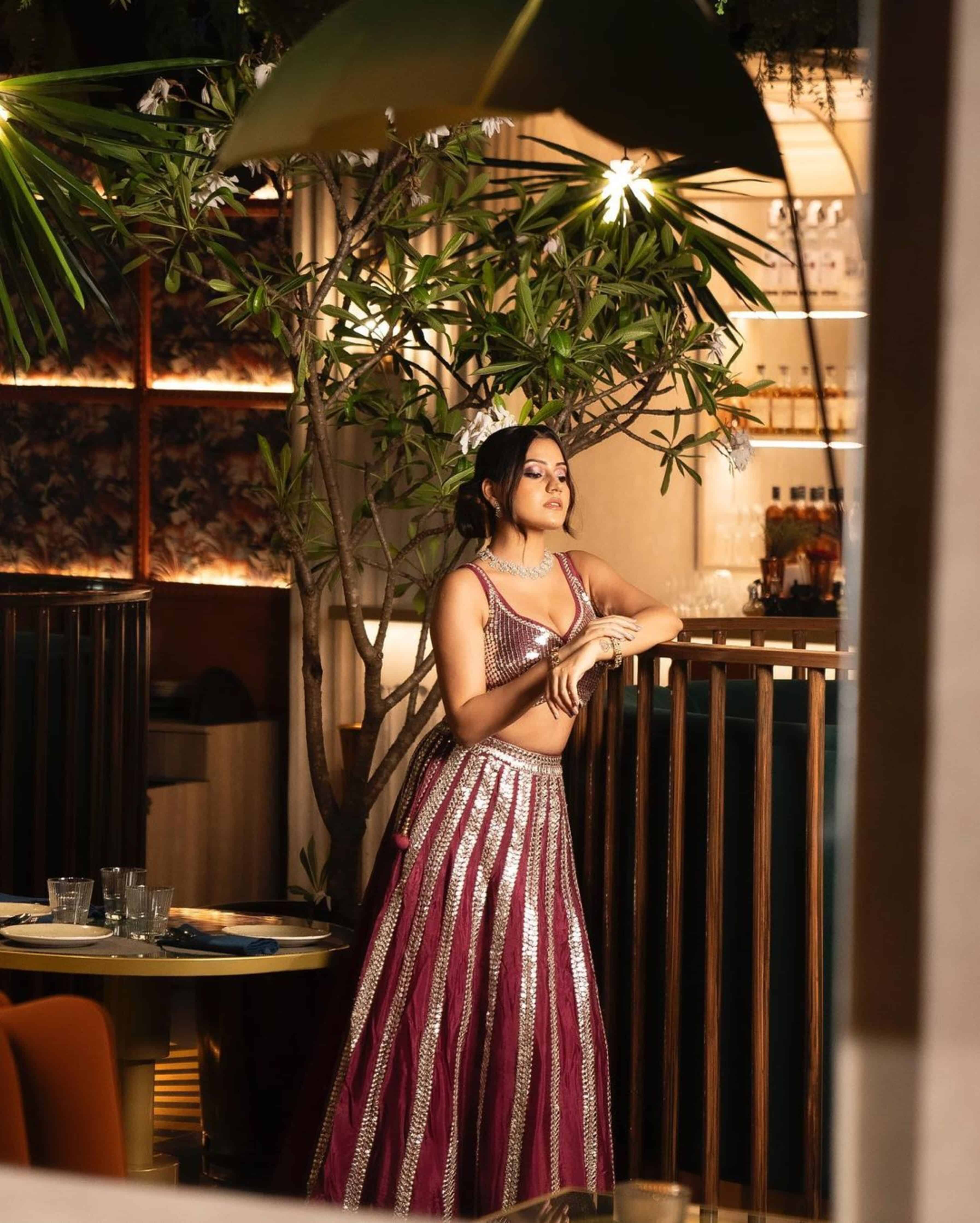 Wine Sequence Crop Top With Handwork