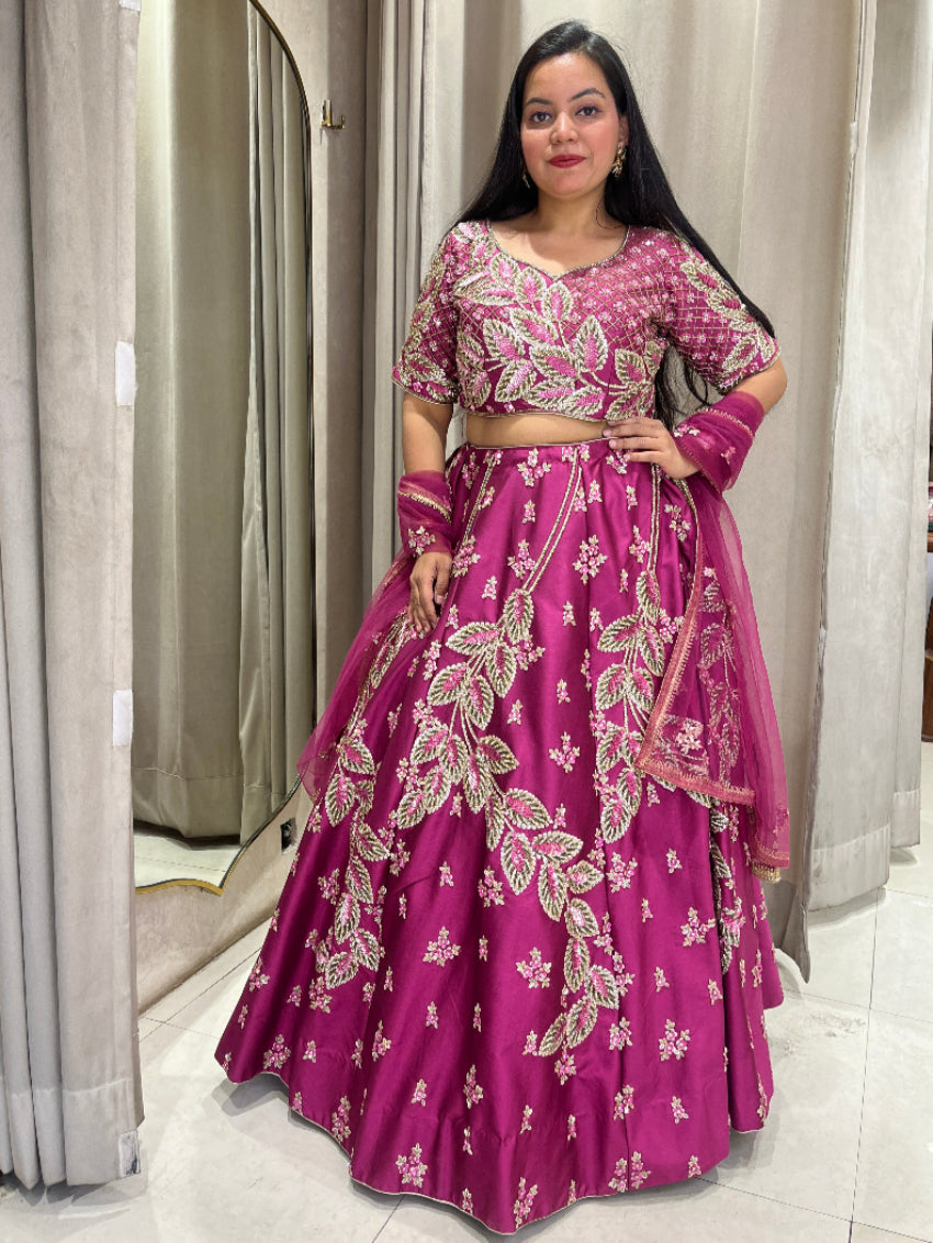 Wine Lehanga Silk Fabirc Hand Work