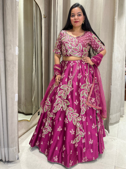 Wine Lehanga Silk Fabirc Hand Work