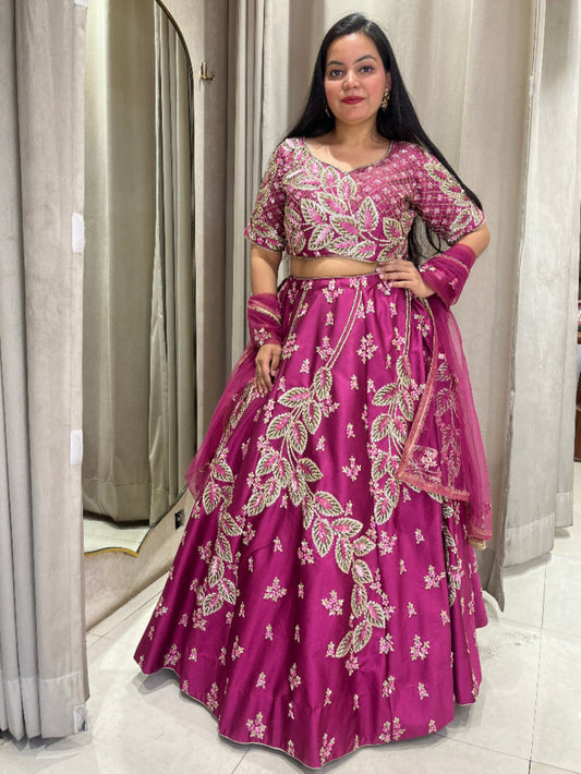 Wine Lehanga Silk Fabirc Hand Work