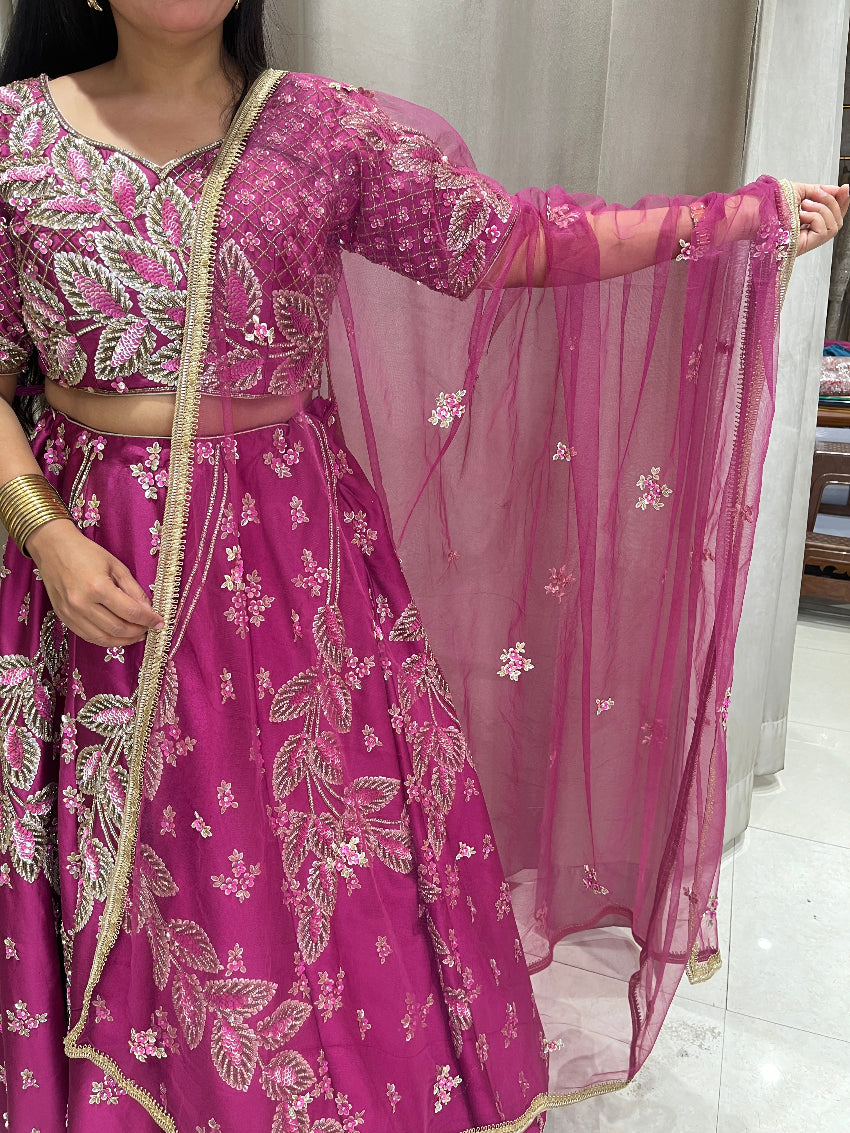 Wine Lehanga Silk Fabirc Hand Work