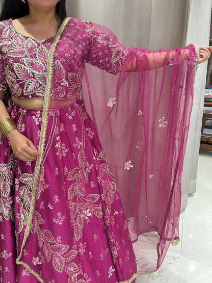 Wine Lehanga Silk Fabirc Hand Work