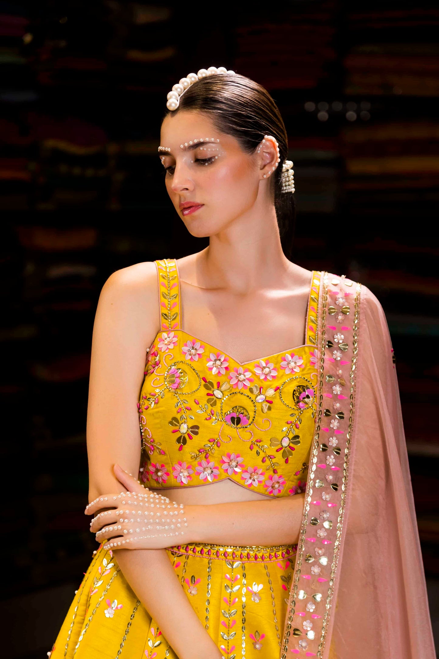 Yellow Aplique Work Crop Top Lehenga