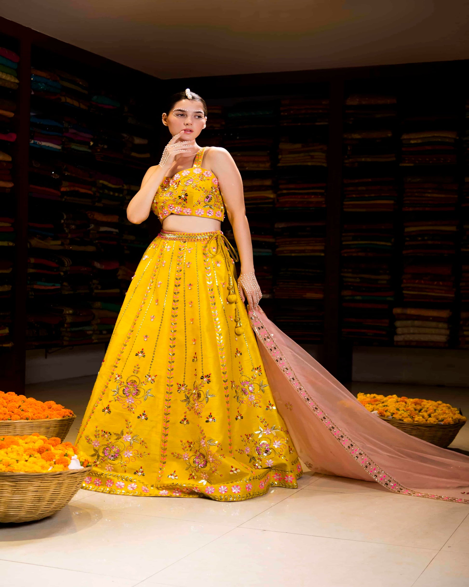 Yellow Aplique Work Crop Top Lehenga