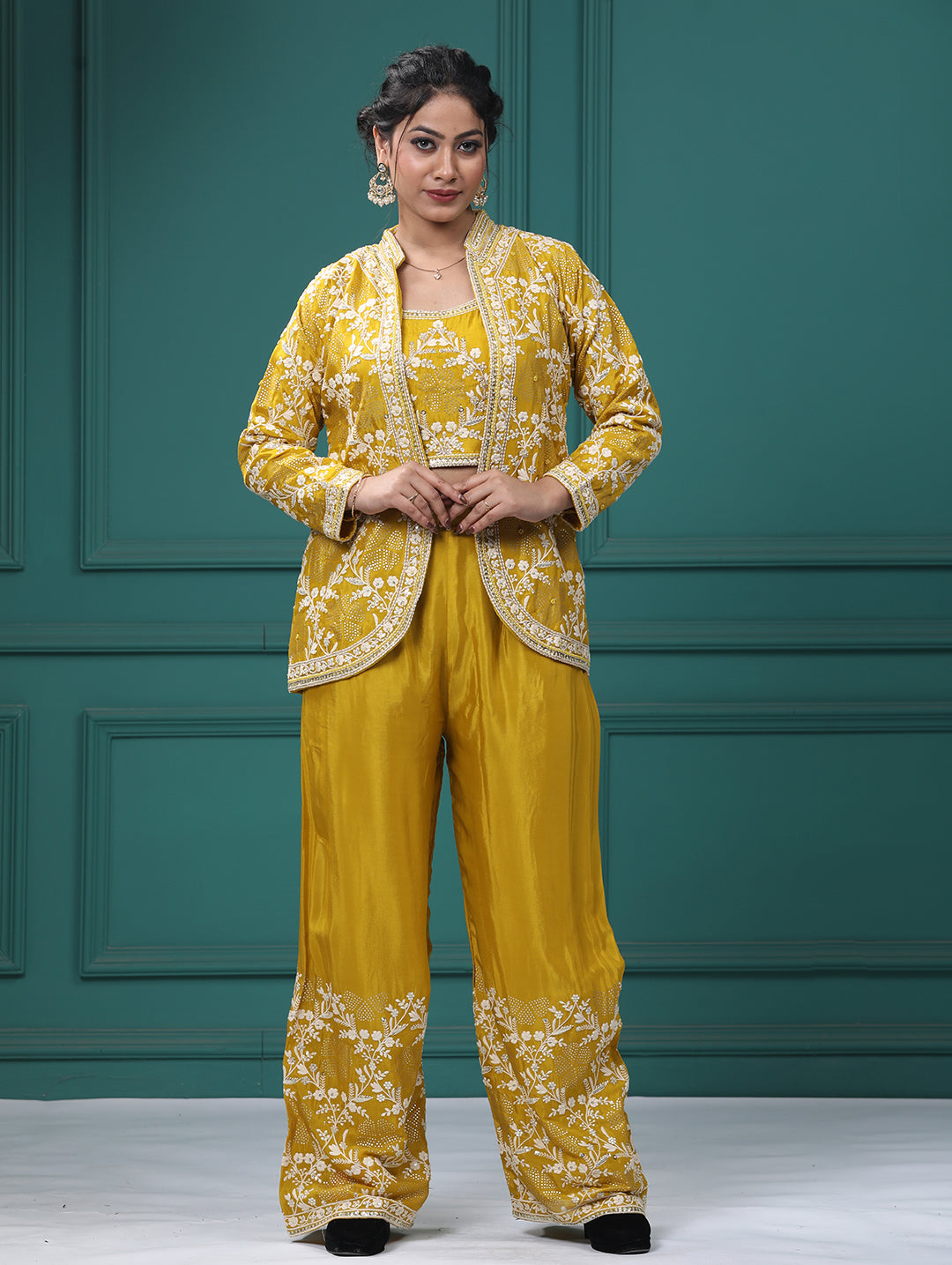 Yellow Chinon Crepe Resham Zari Lehenga Blouse with Jacket