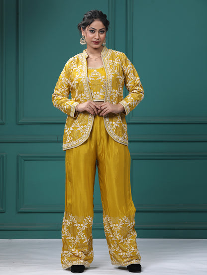 Yellow Chinon Crepe Resham Zari Lehenga Blouse with Jacket