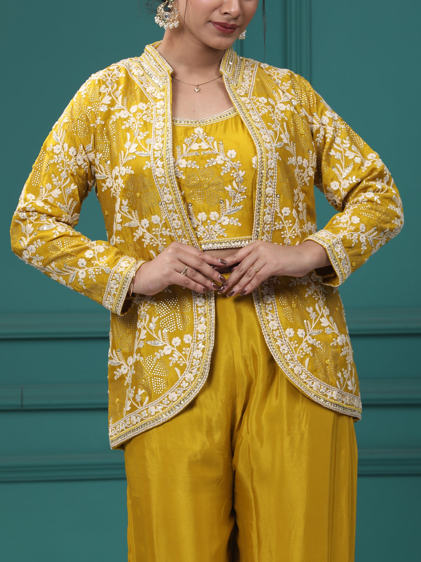 Yellow Chinon Crepe Resham Zari Lehenga Blouse with Jacket