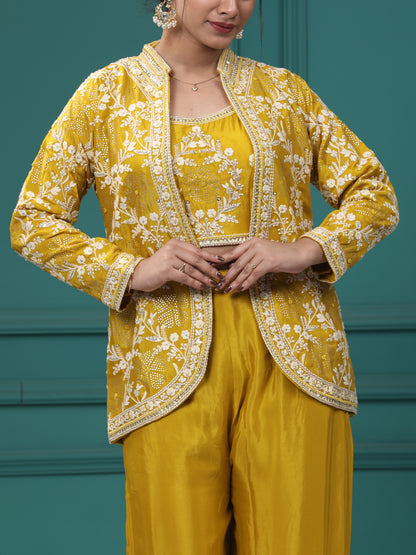 Yellow Chinon Crepe Resham Zari Lehenga Blouse with Jacket