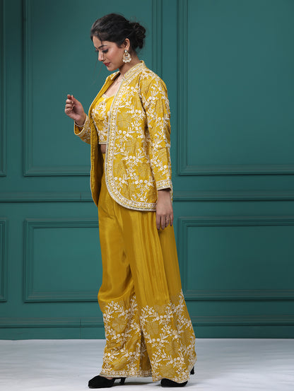 Yellow Chinon Crepe Resham Zari Lehenga Blouse with Jacket