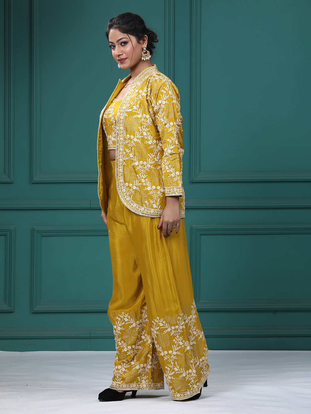 Yellow Chinon Crepe Resham Zari Lehenga Blouse with Jacket