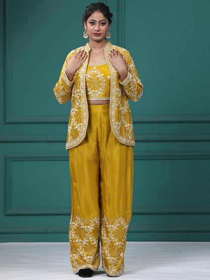 Yellow Chinon Crepe Resham Zari Lehenga Blouse with Jacket