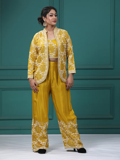 Yellow Chinon Crepe Resham Zari Lehenga Blouse with Jacket