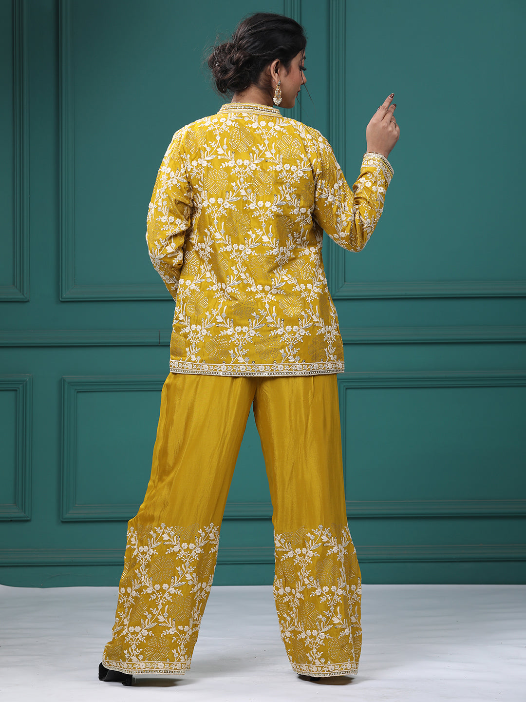 Yellow Chinon Crepe Resham Zari Lehenga Blouse with Jacket