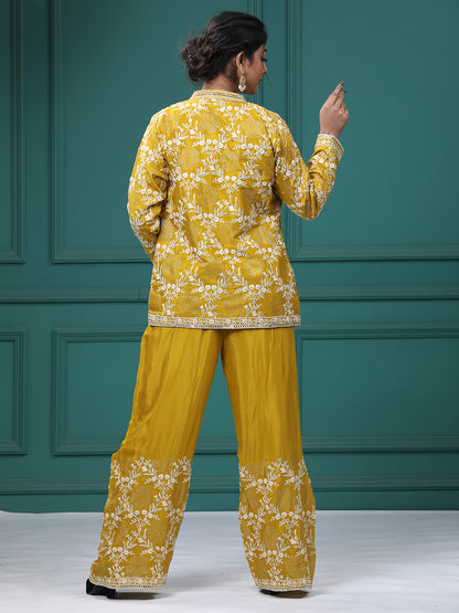 Yellow Chinon Crepe Resham Zari Lehenga Blouse with Jacket