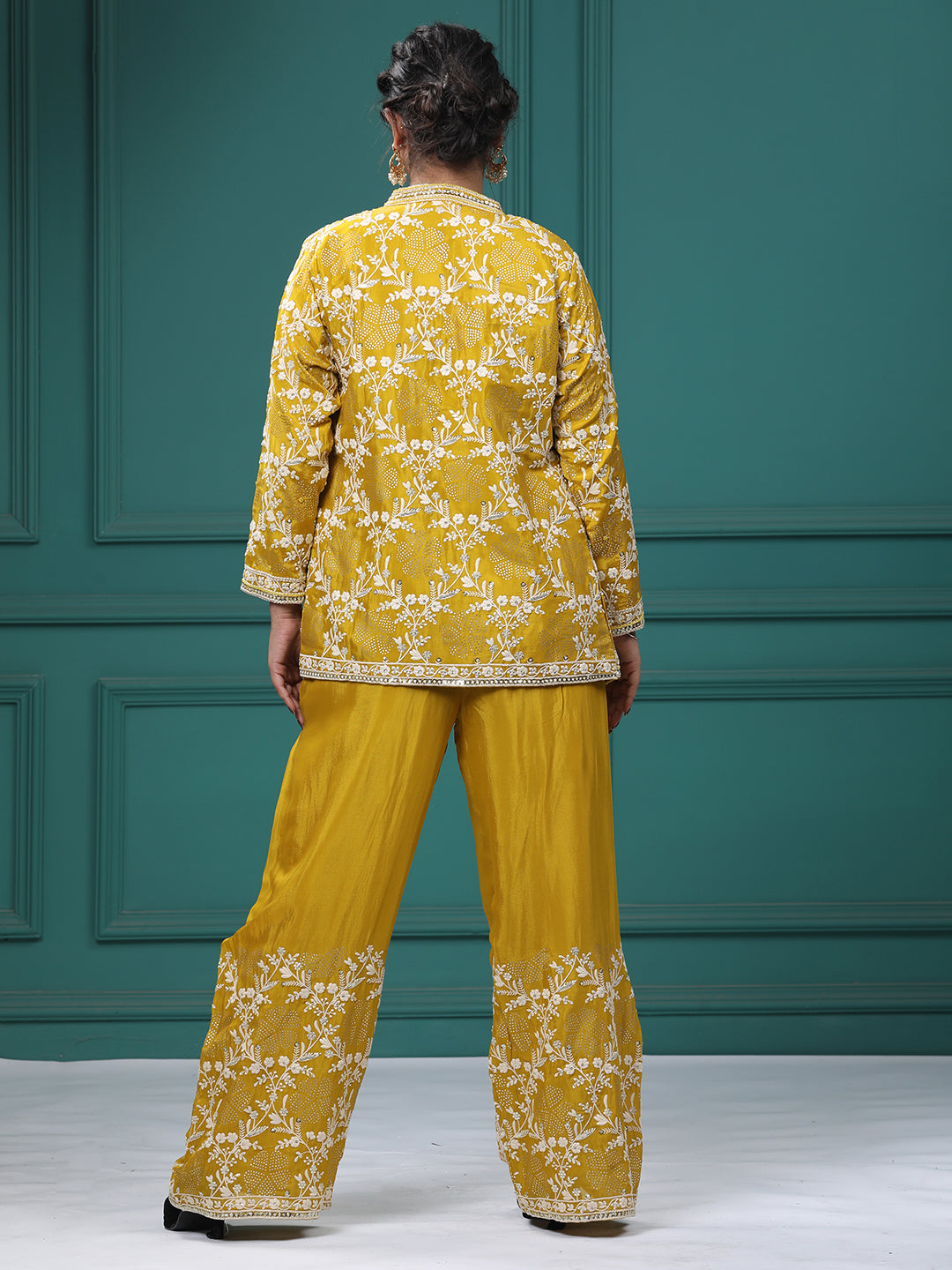 Yellow Chinon Crepe Resham Zari Lehenga Blouse with Jacket