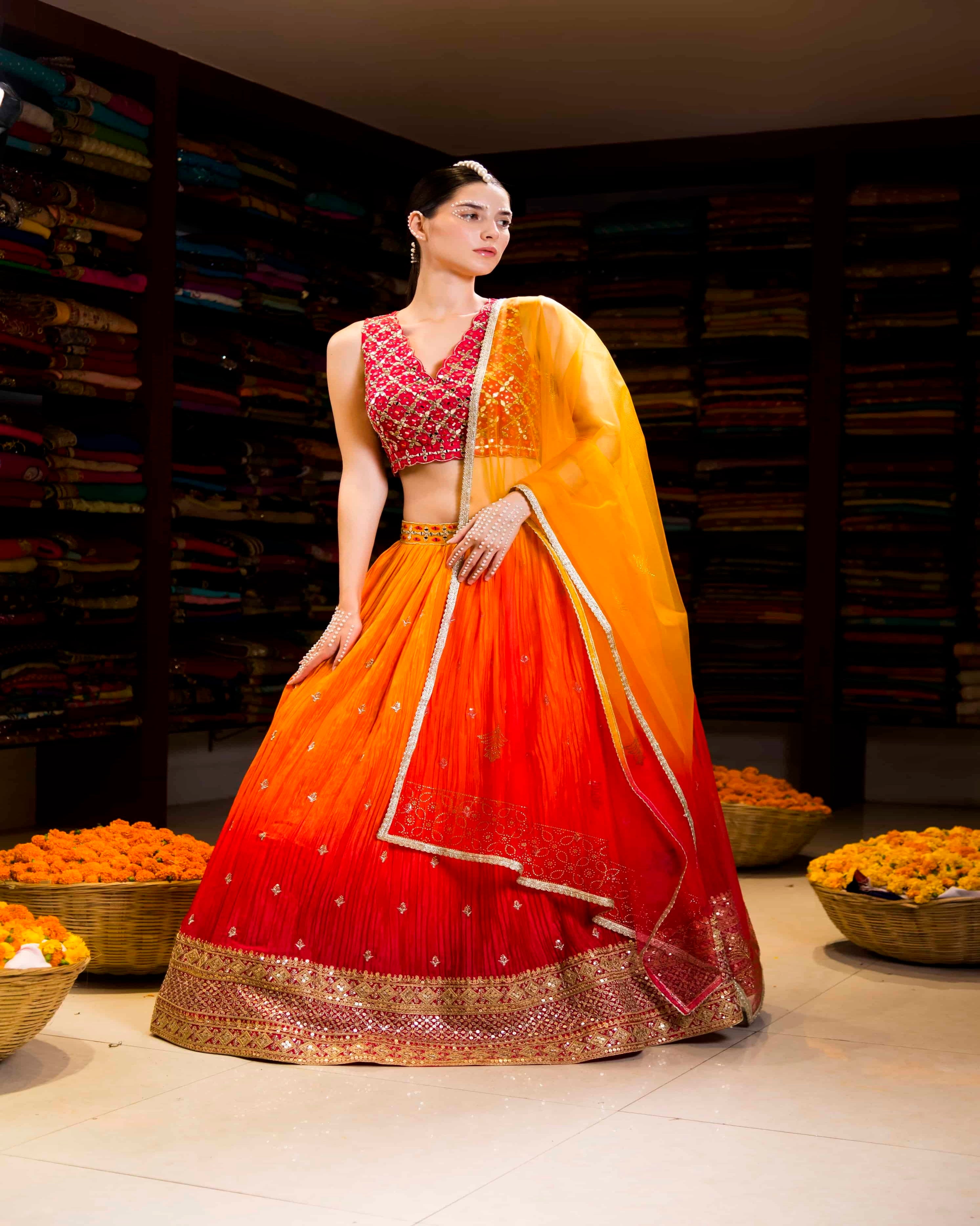 Pakistani Red Bridal Peplum n Dupatta – Orange Lehenga