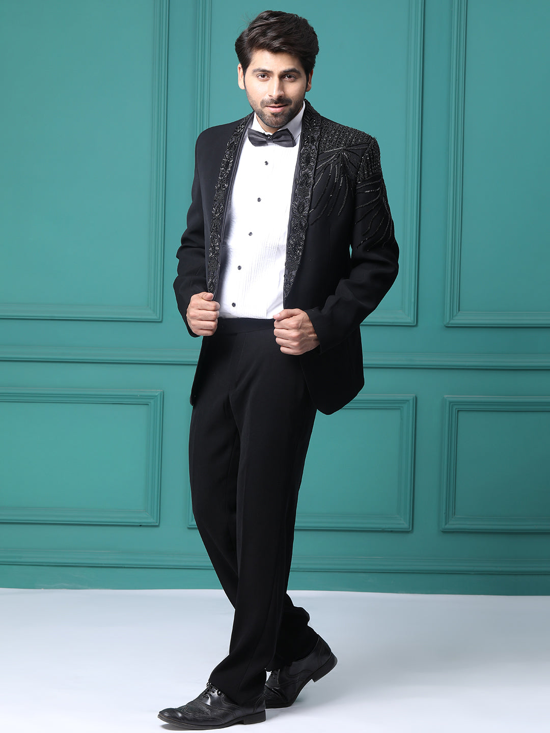 Z Black Hand Embroidery Tuxedo with Shoulder Work with Pant