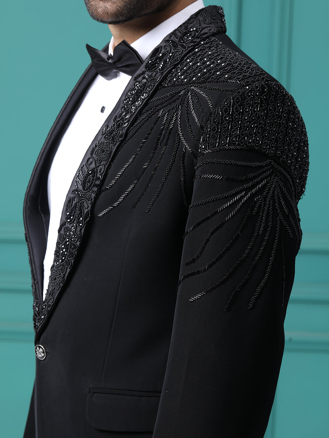 Z Black Hand Embroidery Tuxedo with Shoulder Work with Pant
