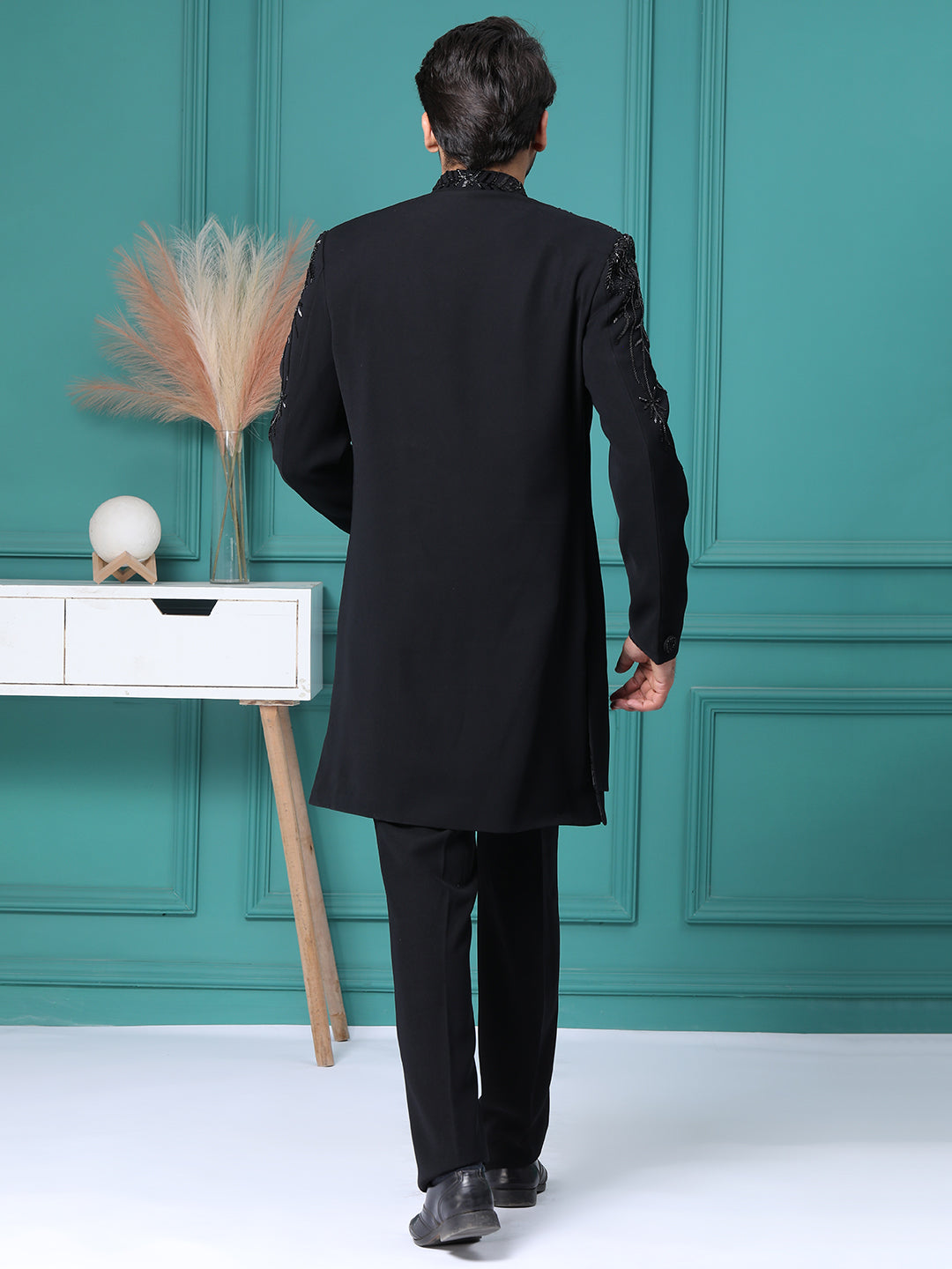 Z Black Handwork Embellished Front Open Mens Indo Werstern with Same Pant