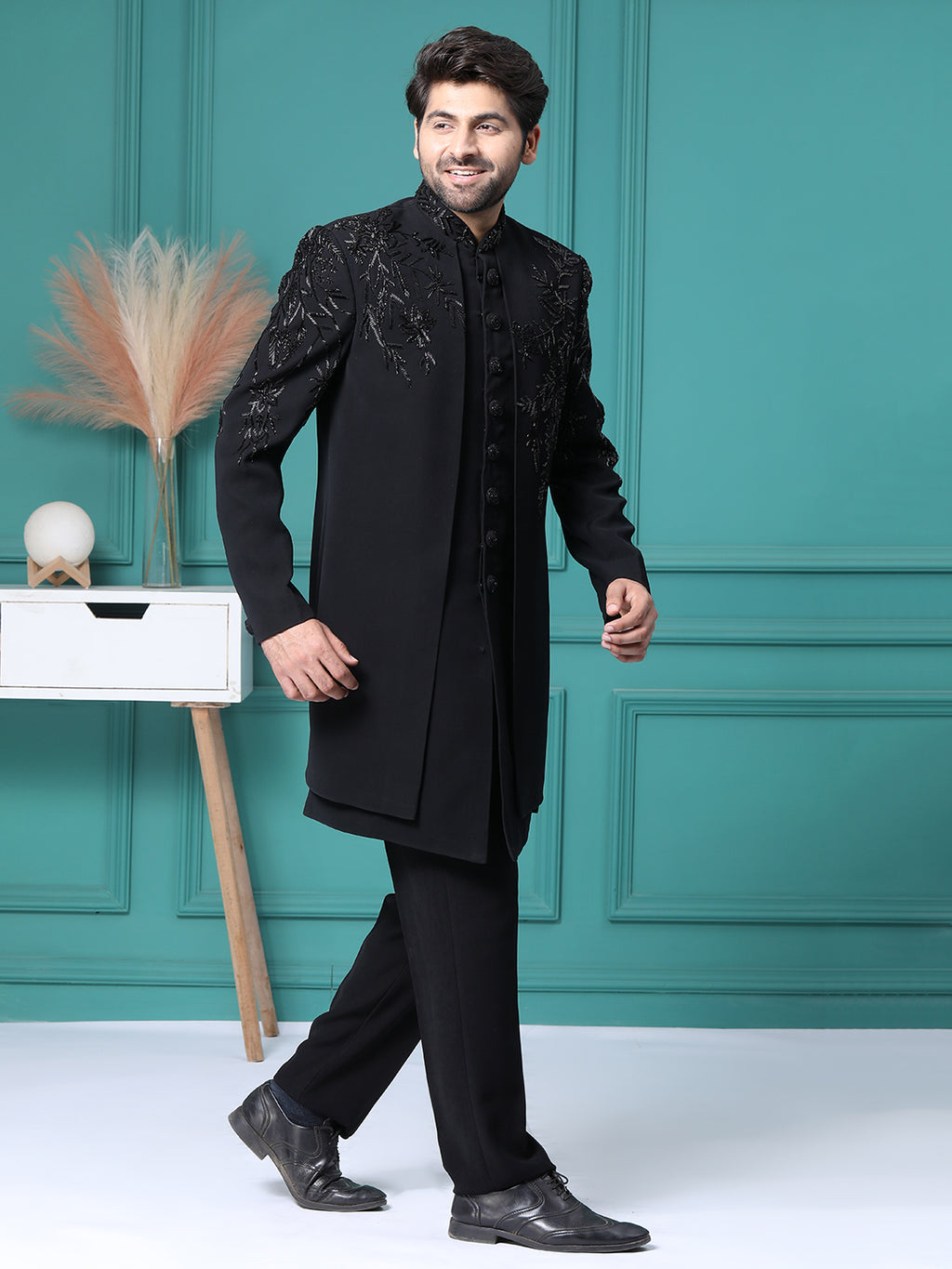 Z Black Handwork Embellished Front Open Mens Indo Werstern with Same Pant