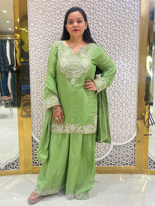 Parrot Green Chinon Sharara Suit