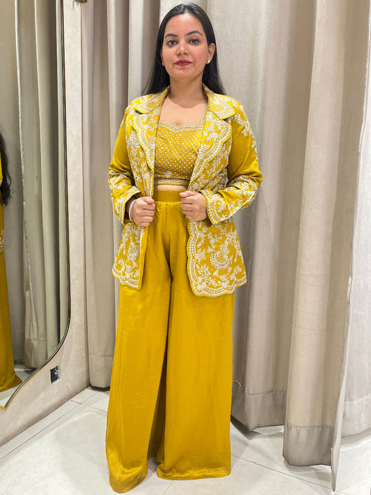 Yellow Palazzo Crop Top Jacket